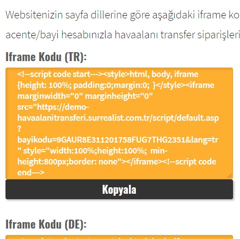 B2B Online Acente Portal� ��in Iframe ��z�mleri